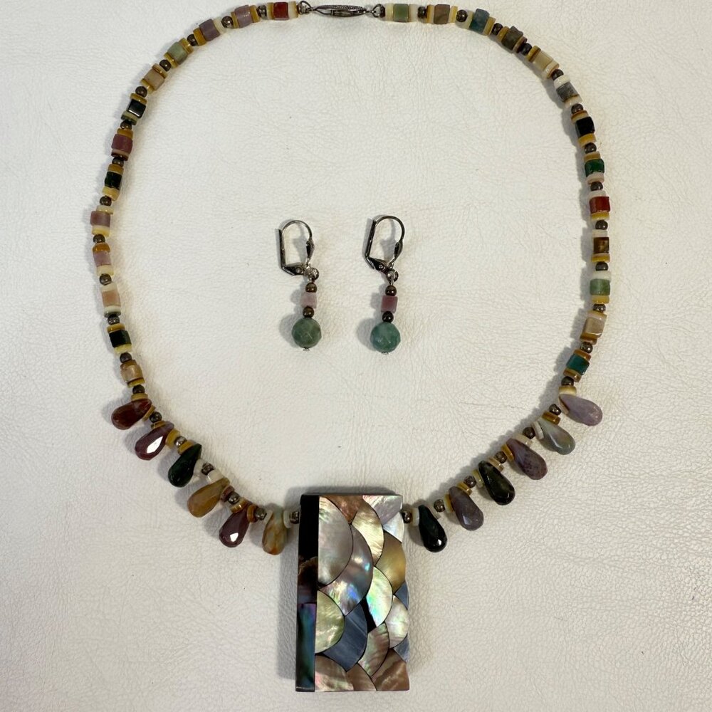 Abalone MOP Pendant Necklace & Faceted Stone Earring 2-Piece Set